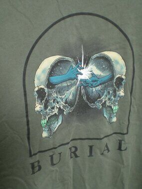 Burial Olive Green Graphic Tee Shirt with Skulls, Size Large